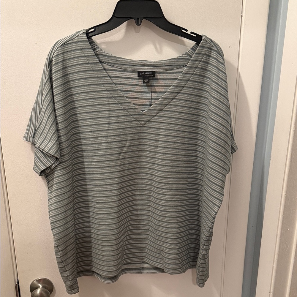 J. Jill Sage Striped V-Neck Top with fun Button Accents Down Back.